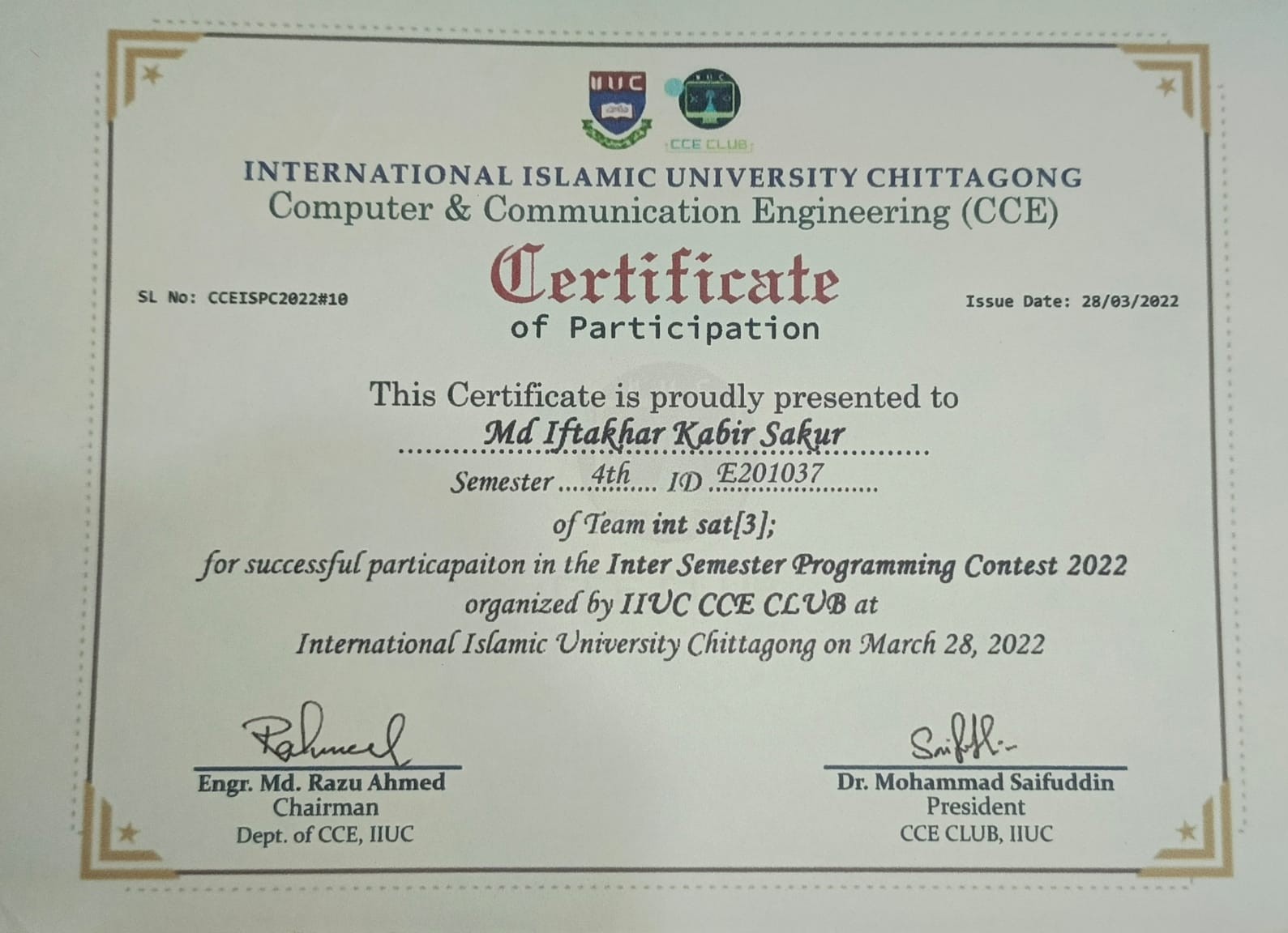 Programming contest certificate